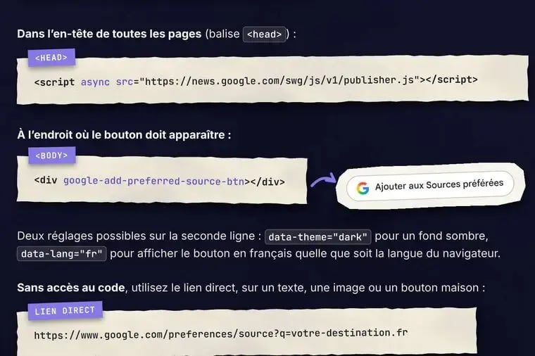 Page « Installer » du guide : les deux lignes de code et le lien direct