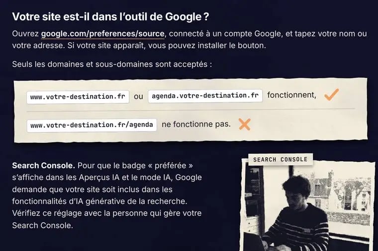 Page « Vérifier » du guide : l’outil de Google et les adresses acceptées
